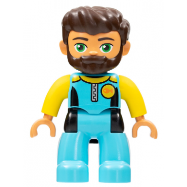 duplo figure lego ville male medium azure diving suit yellow arms dark brown hair beard