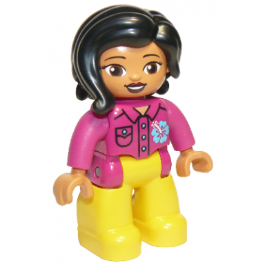duplo figure lego ville female yellow legs magenta shirt with flower black hair