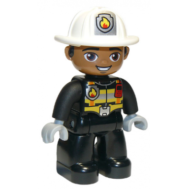 duplo figure lego ville male firefighter black legs black jacket with safety harness white helmet with silver fire badge and radio brown eyes