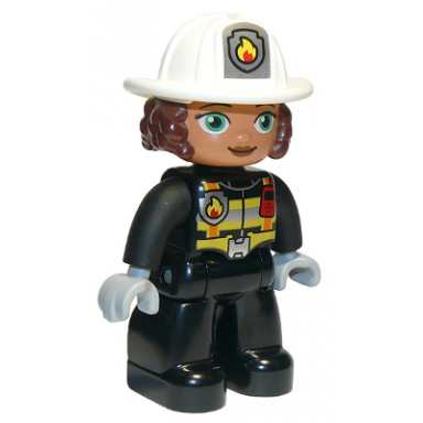 duplo figure lego ville female firefighter black legs black jacket with safety harness white helmet with silver fire badge and radio green eyes