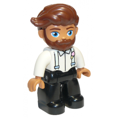 duplo figure lego ville male black legs white top with light aqua suspenders reddish brown hair beard