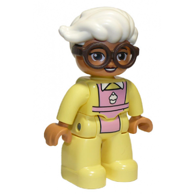 duplo figure lego ville female bright light yellow suit with bright pink apron dark brown glasses white hair