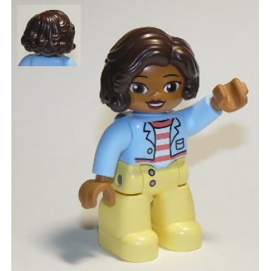 duplo figure lego ville female bright light yellow legs bright light blue top with coral and white stripes shirt dark brown hair