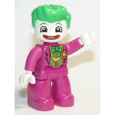 duplo figure lego ville the joker magenta legs and top white hands white head red lips bright green hair