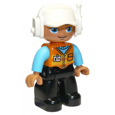 duplo figure lego ville male black legs orange vest with badge and pocket medium azure arms white cap with headset