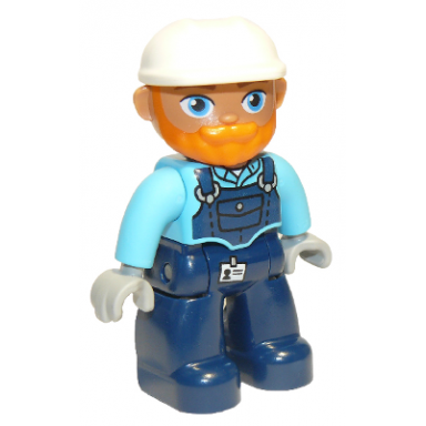 duplo figure lego ville male dark blue legs medium azure top with dark blue overalls white construction helmet orange beard