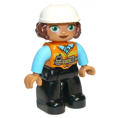 duplo figure lego ville female black legs orange vest with belt and telephone medium azure arms light bluish gray hands white construction helmet