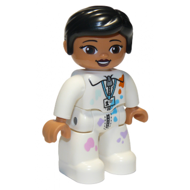 duplo figure lego ville female white suit with zipper id badge and paint splotches black knot bun hair