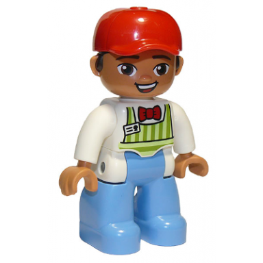 duplo figure lego ville male medium blue legs lime striped apron red bow tie dark brown hair red cap