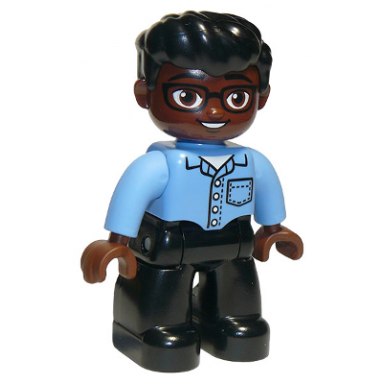 duplo figure lego ville male black legs medium blue shirt with pocket reddish brown head glasses black hair swept forward oval eyes