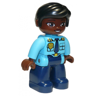 duplo figure lego ville female police dark blue legs medium azure top with badge and epaulettes black hair