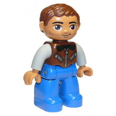 duplo figure lego ville male blue legs reddish brown jacket with zippers light bluish gray arms reddish brown hair brown oval eyes