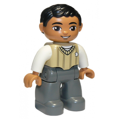 duplo figure lego ville male dark bluish gray legs tan sweater white arms black hair brown oval eyes