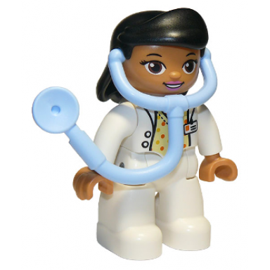 duplo figure lego ville female medic white legs white top with id badge white arms black hair attached stethoscope