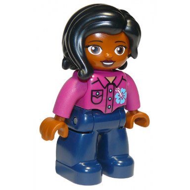 duplo figure lego ville female dark blue legs magenta shirt with flower black hair