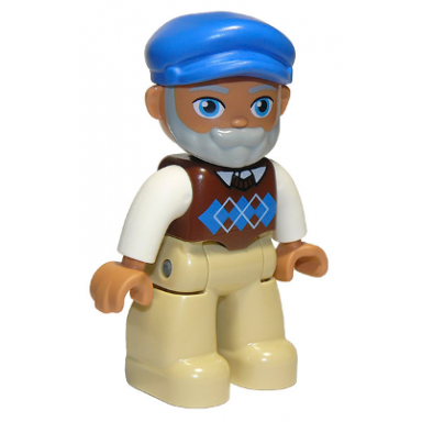 duplo figure lego ville male tan legs reddish brown argyle sweater vest white arms light bluish gray beard blue cap