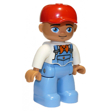 duplo figure lego ville male medium blue legs white top with medium blue overalls bandana red cap oval eyes