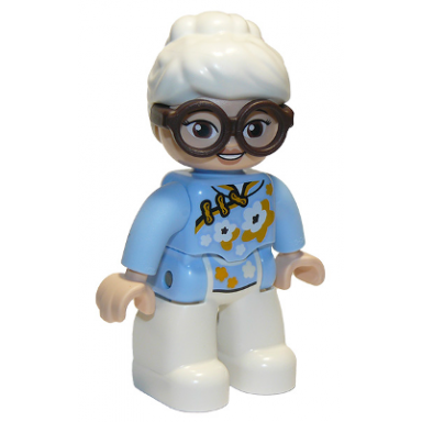 duplo figure lego ville female white legs bright light blue top with white and bright light orange flowers dark brown glasses white hair