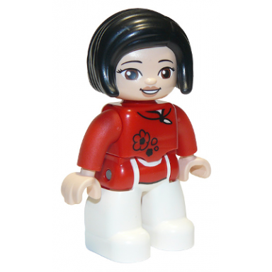 duplo figure lego ville female white legs red top with black flowers black hair