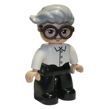duplo figure lego ville male black legs white top dark brown glasses light bluish gray hair