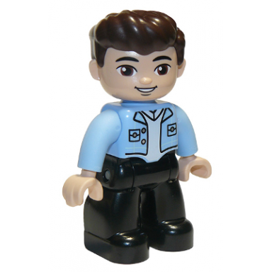 duplo figure lego ville male black legs bright light blue top with white shirt dark brown hair