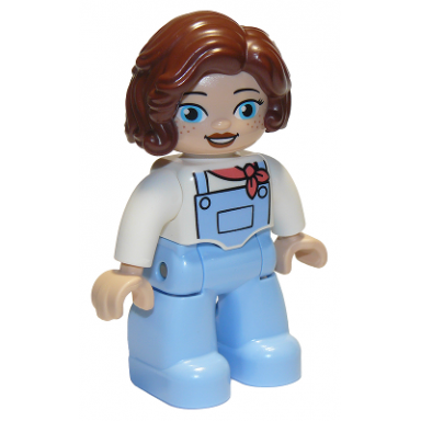 duplo figure lego ville female bright light blue legs with overalls white top freckles reddish brown hair