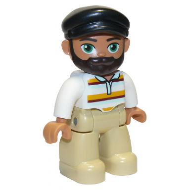 duplo figure lego ville male tan legs white top with stripes black cap dark brown beard