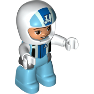 duplo figure lego ville male medium azure legs white race top and helmet with number 34 pattern