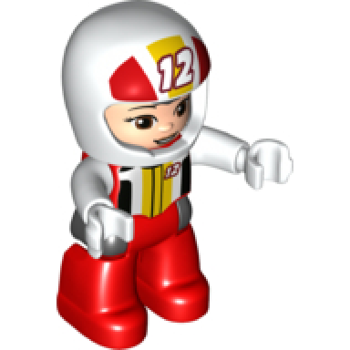 duplo figure lego ville female red legs white race top and helmet with number 12 pattern