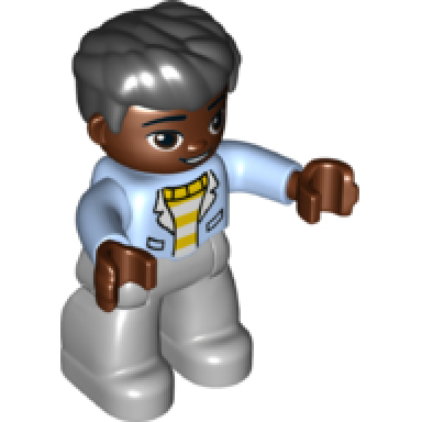 duplo figure lego ville male light bluish gray legs white and yellow top with bright light blue jacket black hair