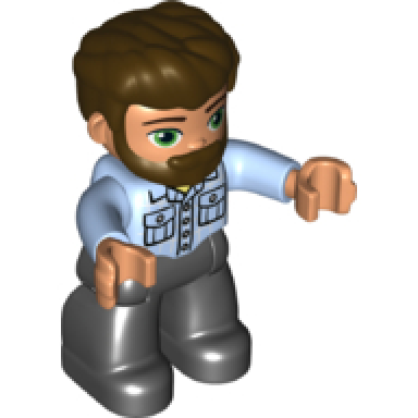 duplo figure lego ville male black legs bright light blue shirt with pockets dark brown hair and beard