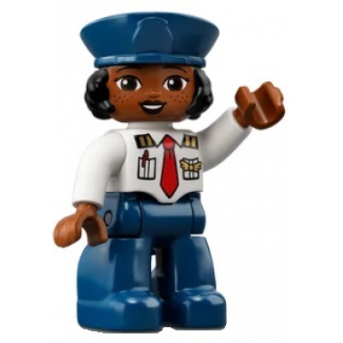 duplo figure lego ville female pilot dark blue legs white top with red tie dark blue hat with black hair