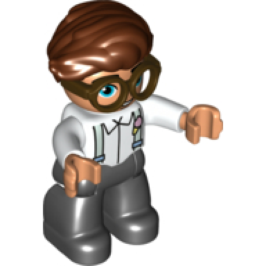 duplo figure lego ville male black legs white top with light aqua suspenders dark brown glasses reddish brown hair