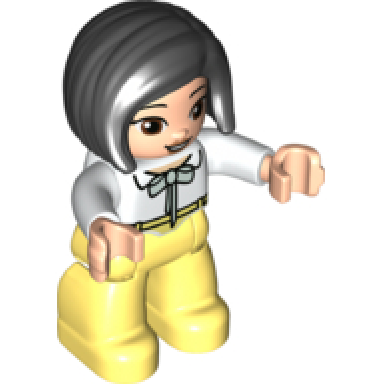 duplo figure lego ville female bright light yellow legs white top with light aqua bow black hair reddish brown eyes