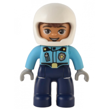 duplo figure lego ville male police dark blue legs medium azure top with badge and zipper white helmet