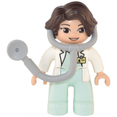 duplo figure lego ville female medic light aqua legs white top with id badge white arms dark brown hair attached stethoscope