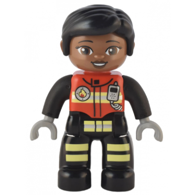 duplo figure lego ville female firefighter black legs with reflective stripes red vest with silver fire badge and radio black hair reddish brown eyes
