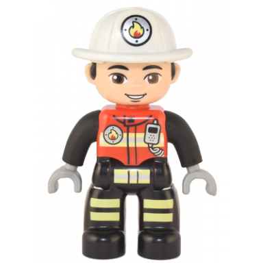 duplo figure lego ville male firefighter black legs with reflective stripes red vest with silver fire badge and radio light nougat face white helmet with fire badge