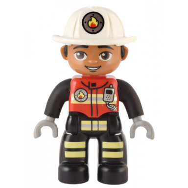 duplo figure lego ville male firefighter black legs with reflective stripes red vest with silver fire badge and radio medium nougat face white helmet with fire badge