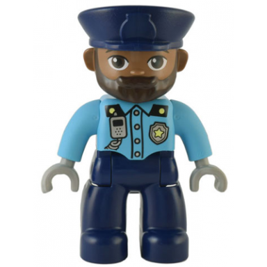 duplo figure lego ville male police dark blue legs medium azure top with silver badge and radio dark blue hat