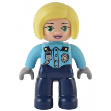duplo figure lego ville female police dark blue legs medium azure top with silver badge and radio bright light yellow hair