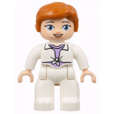 duplo figure lego ville female white legs white jacket tied over lavender shirt dark orange hair jurassic world claire dearing