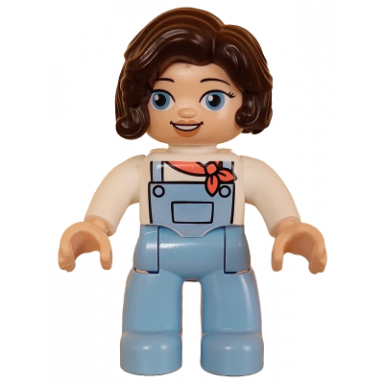 duplo figure lego ville female bright light blue legs with overalls white top dark brown hair