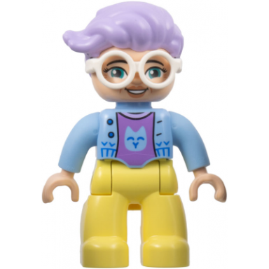duplo figure lego ville female bright light yellow legs bright light blue jacket medium lavender cat shirt white glasses lavender hair