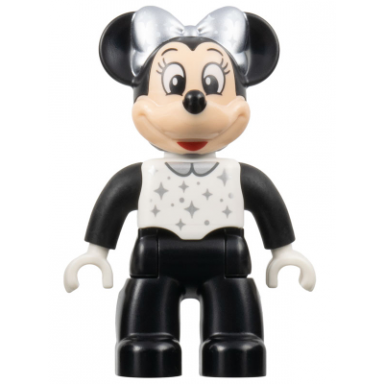 duplo figure lego ville minnie mouse black legs and sleeves white top and silver collar sparkles dots and bow