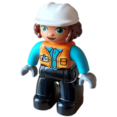 duplo figure lego ville female black legs orange vest with badge and pocket medium azure arms light bluish gray hands white construction helmet