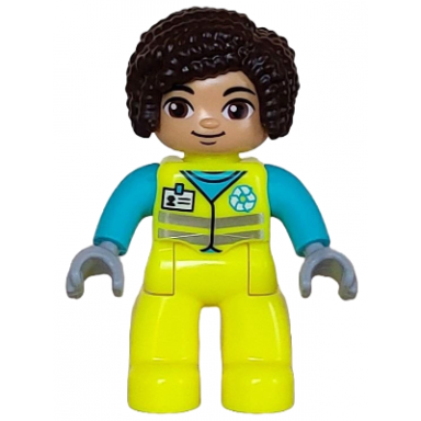 duplo figure lego ville female garbage worker neon yellow uniform medium azure shirt white name badge and recycle logo dark brown hair