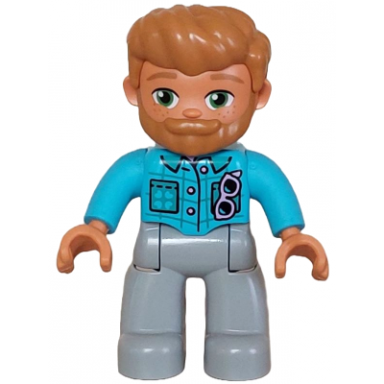 duplo figure lego ville male light bluish gray legs medium azure jacket with bright pink buttons and glasses medium nougat hair and beard