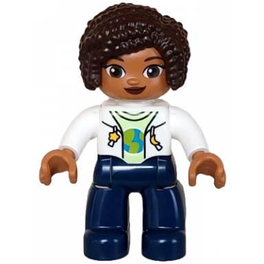 duplo figure lego ville female dark blue legs white vest with star and moon fasteners yellowish green shirt dark brown hair