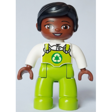 duplo figure lego ville female lime legs with overalls and recycling logo black hair